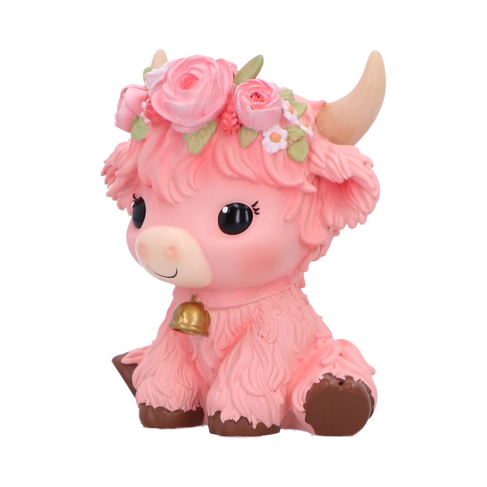 Moo Crew Primrose Flower Cow Figurine - Angled view of pink coat and floral crown