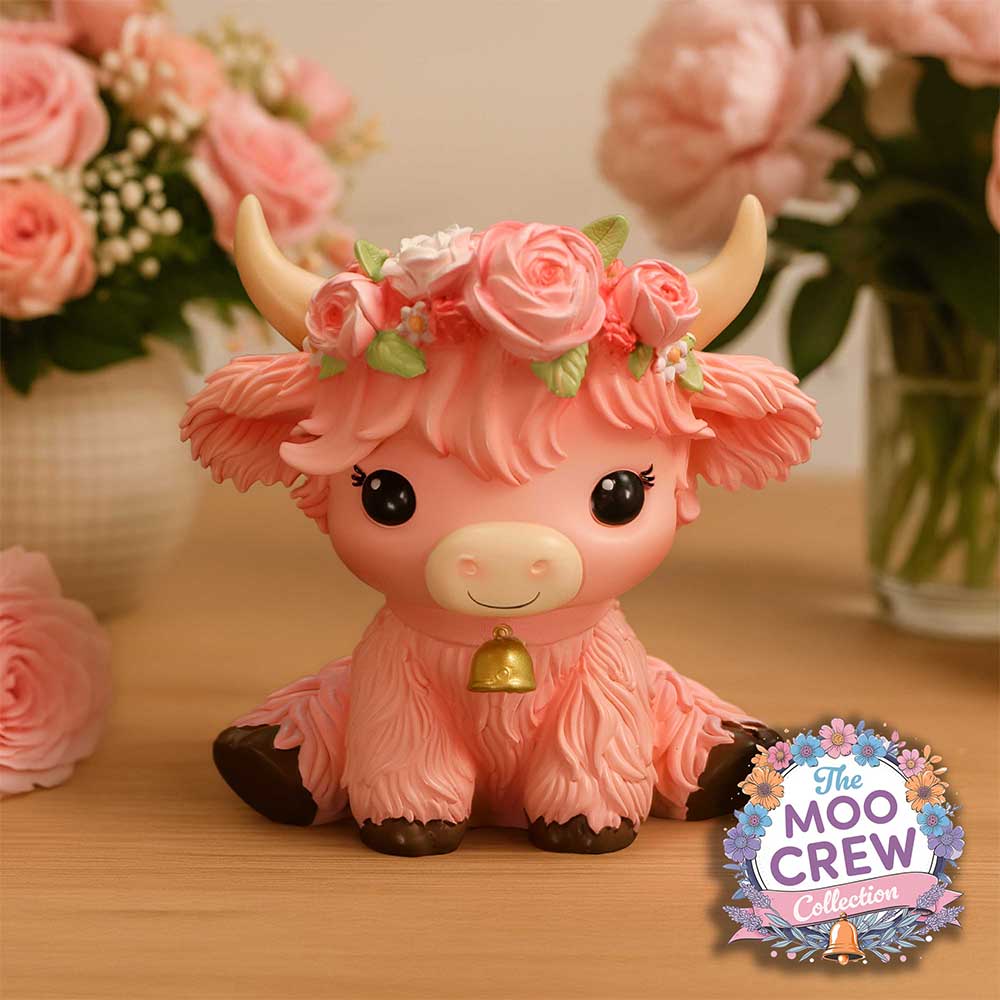 Moo Crew Primrose Flower Cow Figurine - Pink flower cow in a styled display
