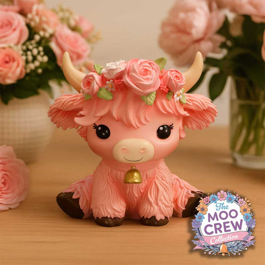 Moo Crew Primrose Flower Cow Figurine - Pink flower cow in a styled display