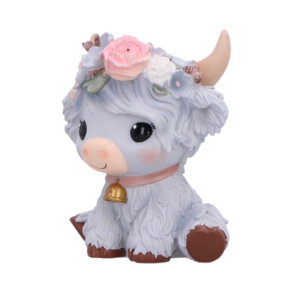 Moo Crew Magnolia Flower Cow Figurine - Angled view of grey coat, horns and little bell