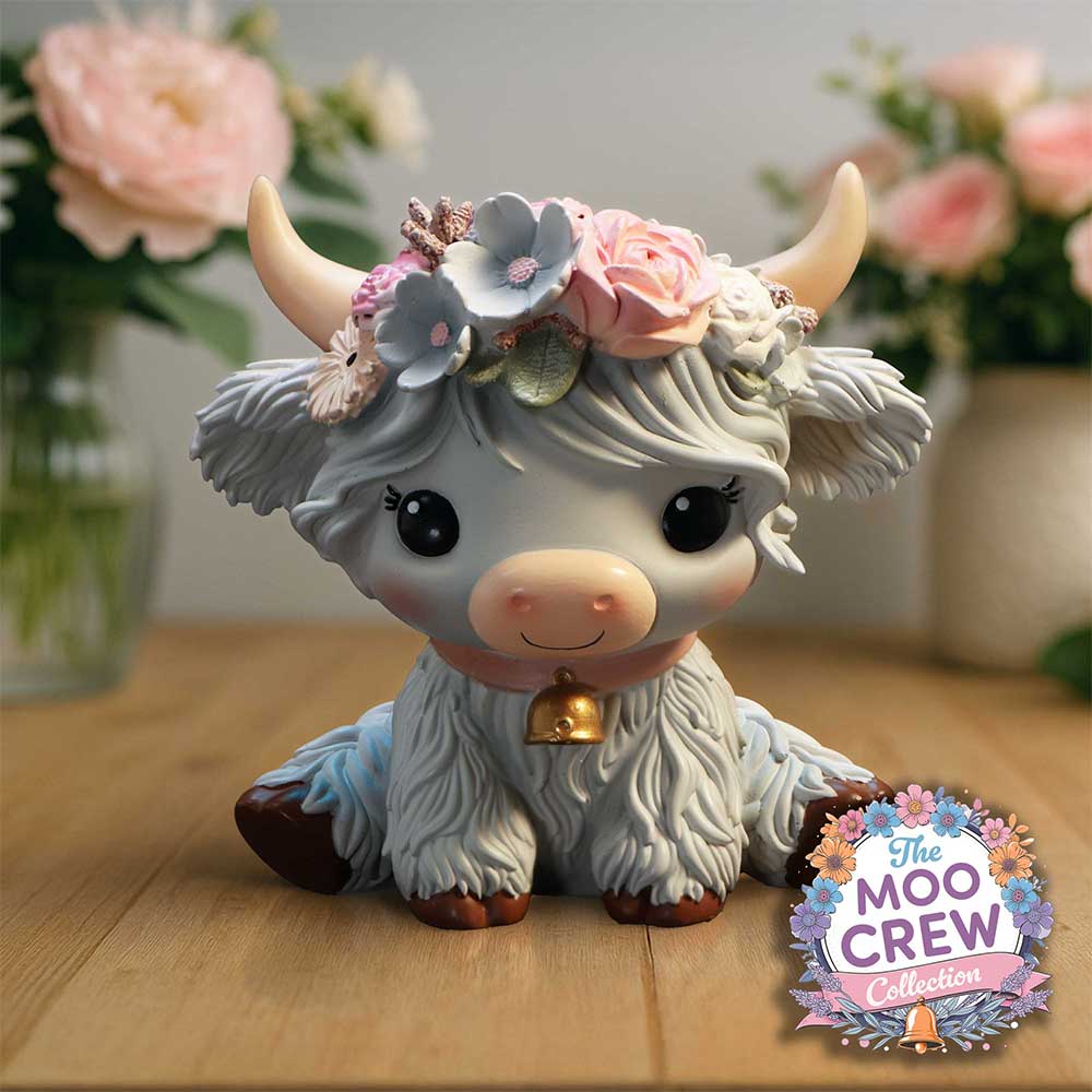 Moo Crew Magnolia Flower Cow Figurine - Grey flower cow in a styled display