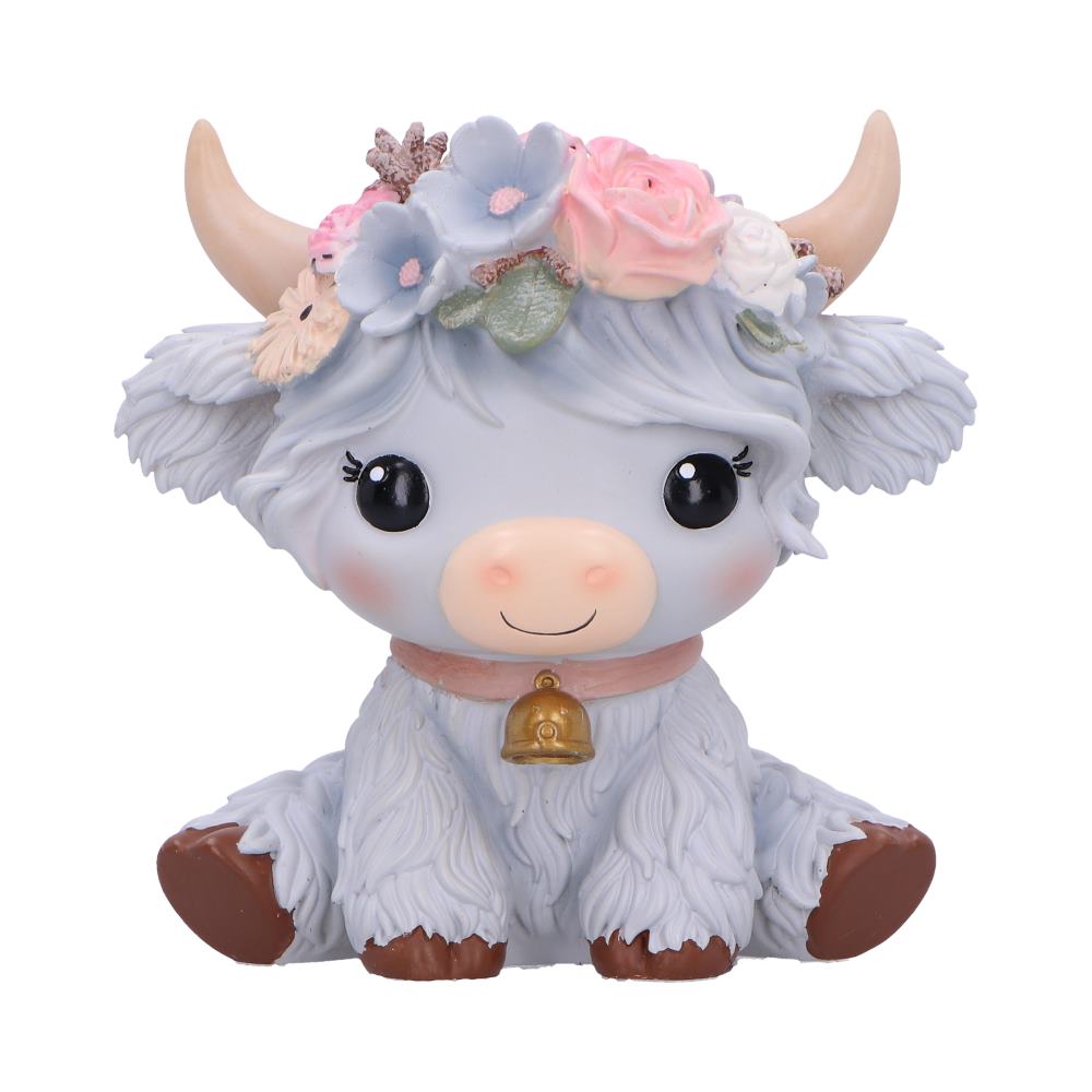 Moo Crew Magnolia Flower Cow Figurine - Front showing grey shaggy fur and pastel flowers