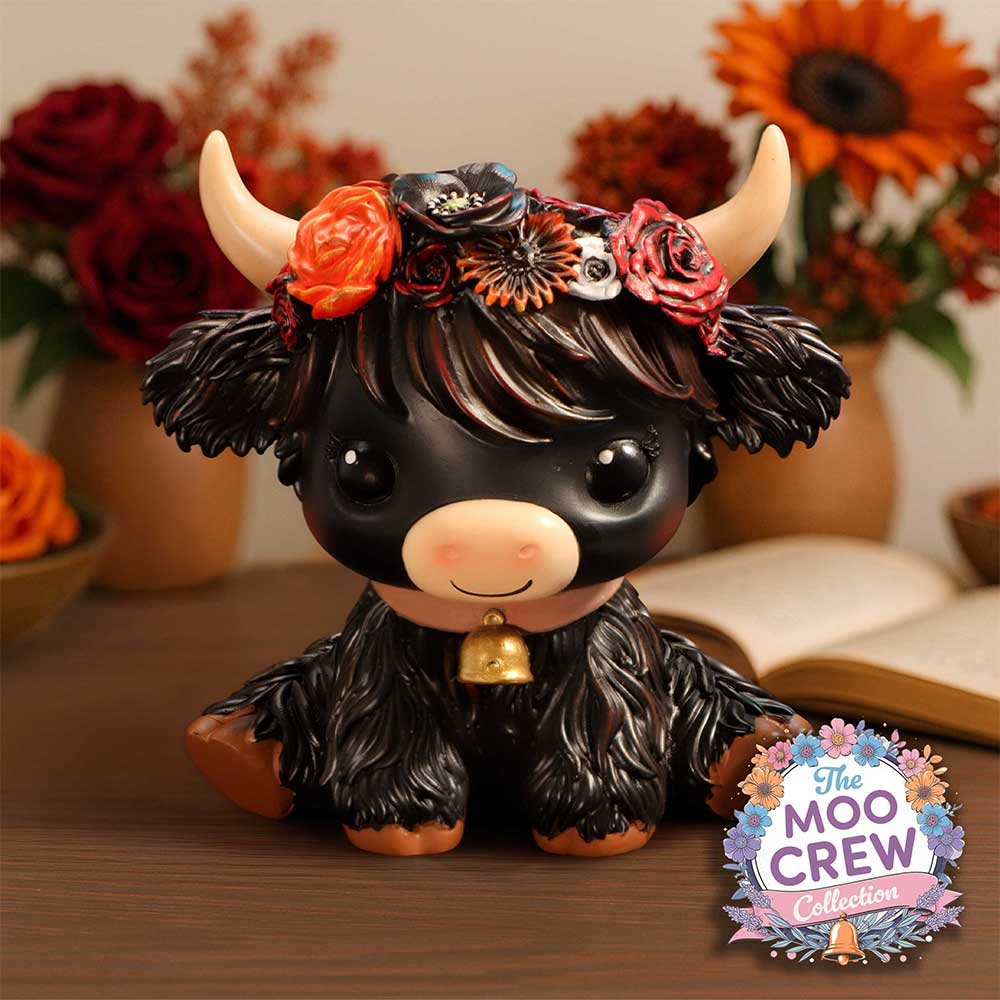 Moo Crew Dahlia Flower Cow Figurine - Black flower cow in a styled display