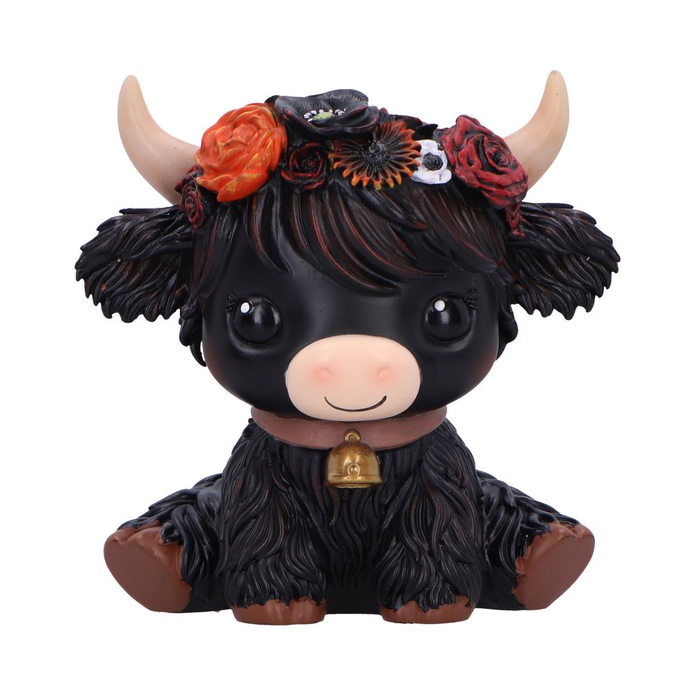 Moo Crew Dahlia Flower Cow Figurine - Front showing black shaggy fur and bright flower crown