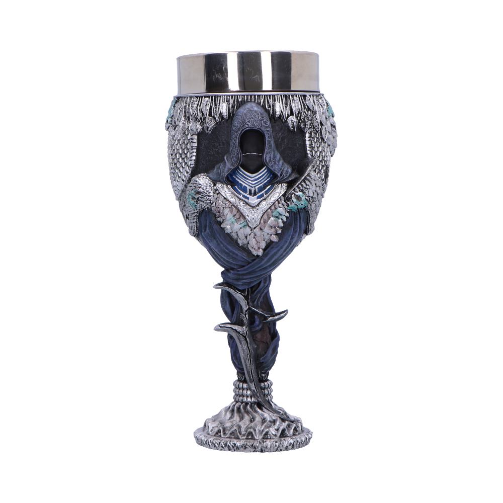Black Knife Assassin goblet with hooded portrait, silver decoration and blue stem