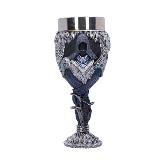 Black Knife Assassin goblet with hooded portrait, silver decoration and blue stem