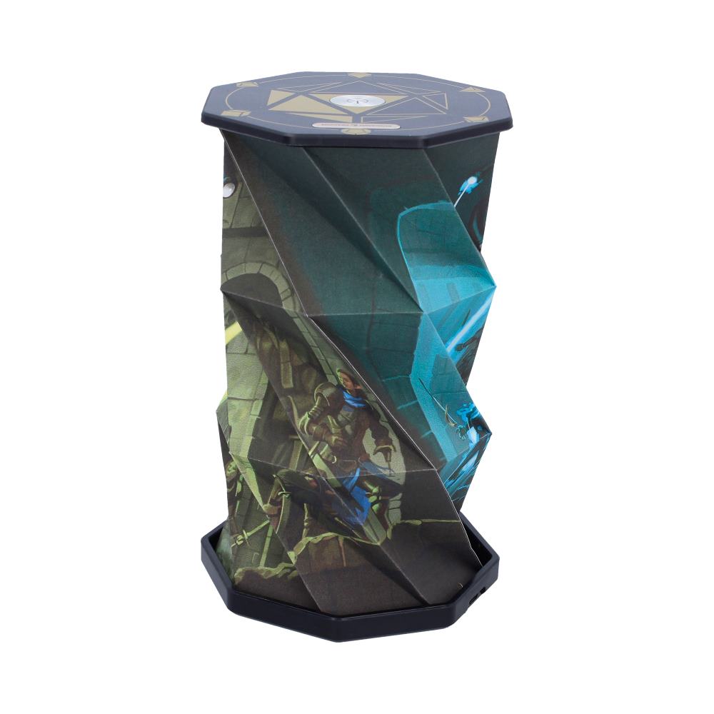 Side of beholder lamp with blue accents and geometric folds