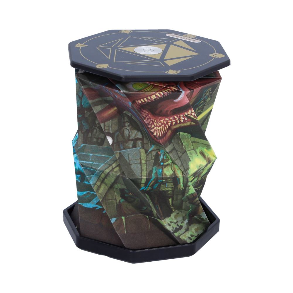 Angled beholder lamp showing the illustrated battle scene and dark top panel
