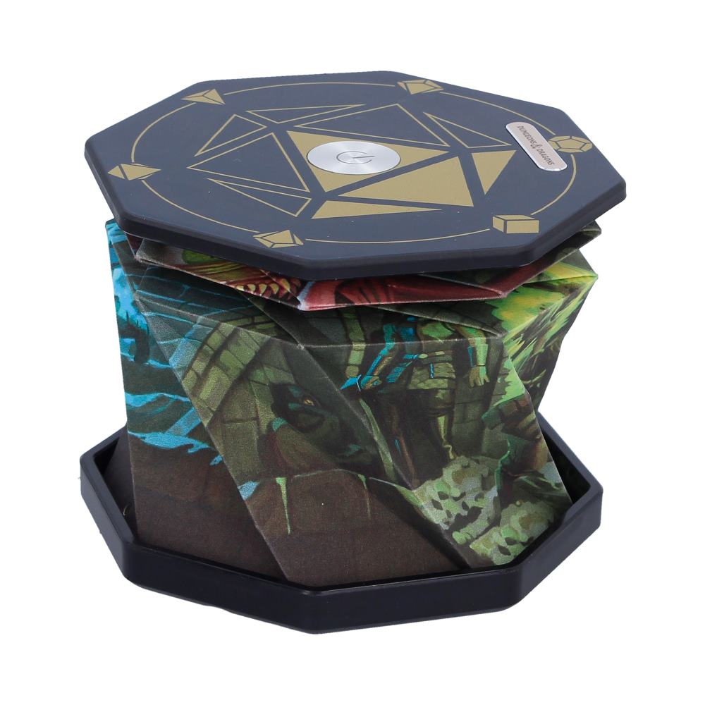 Closer angled view of beholder lamp showing pleated folds and top artwork