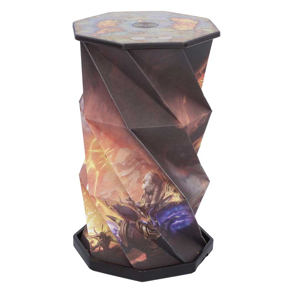 Side of World of Warcraft lamp showing pleated folds and fiery artwork