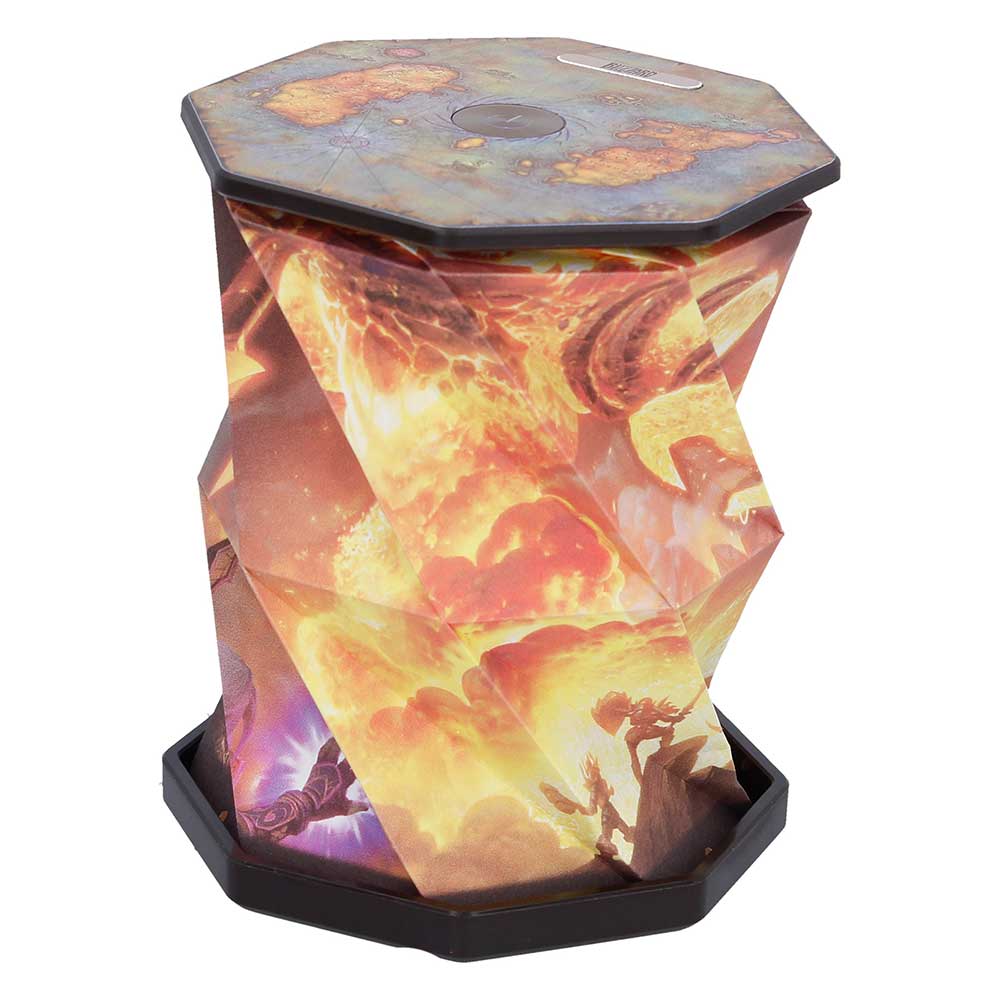 Angled Ragnaros lamp with bright flame artwork across the folded body