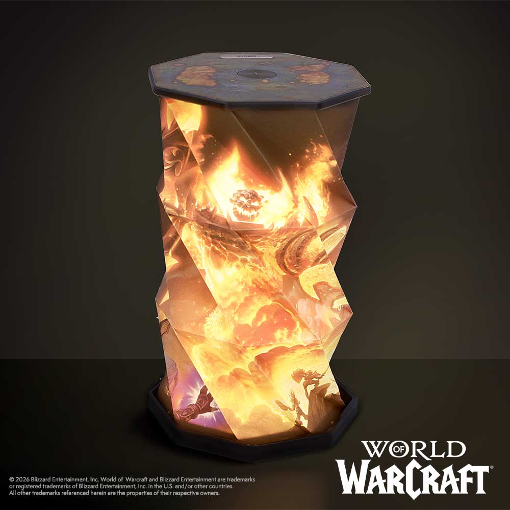 Ragnaros lamp illuminated on a dark World of Warcraft themed background