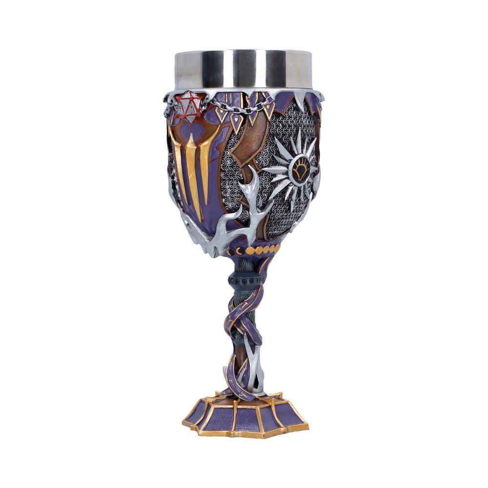 Angled Shadowheart goblet showing layered silver decoration and purple body