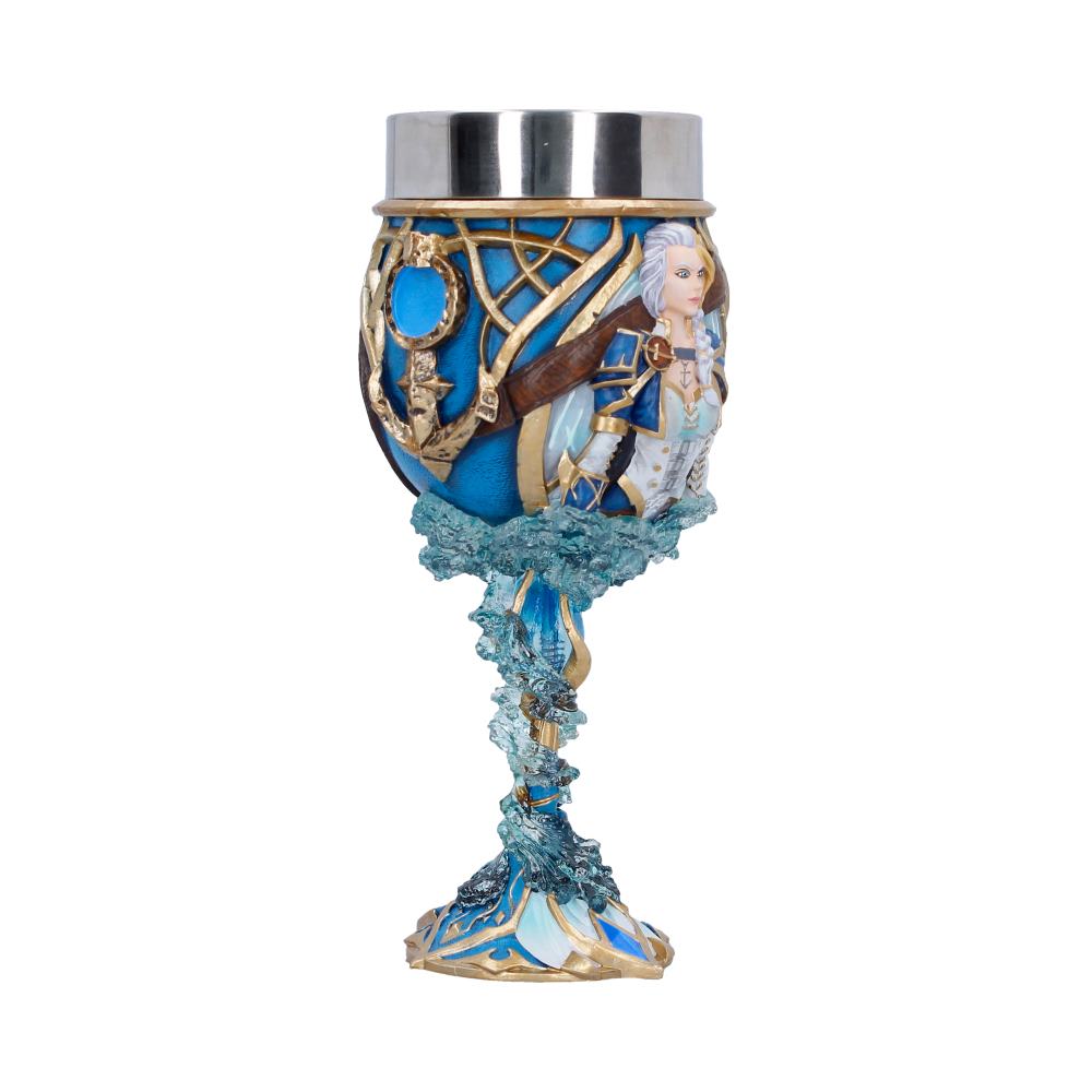 Opposite angle of Jaina goblet with frost-like detail and decorated stem