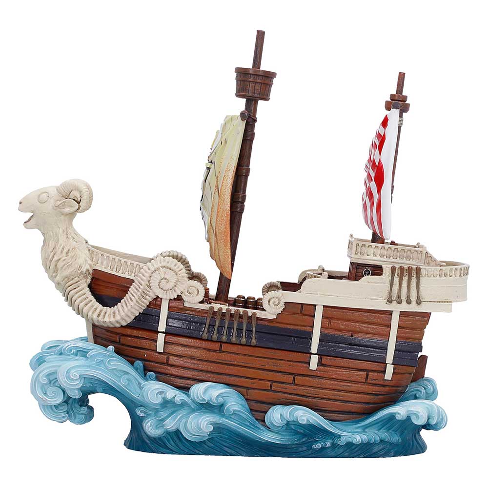 Side of Going Merry box showing the hull, tall mast and curling waves
