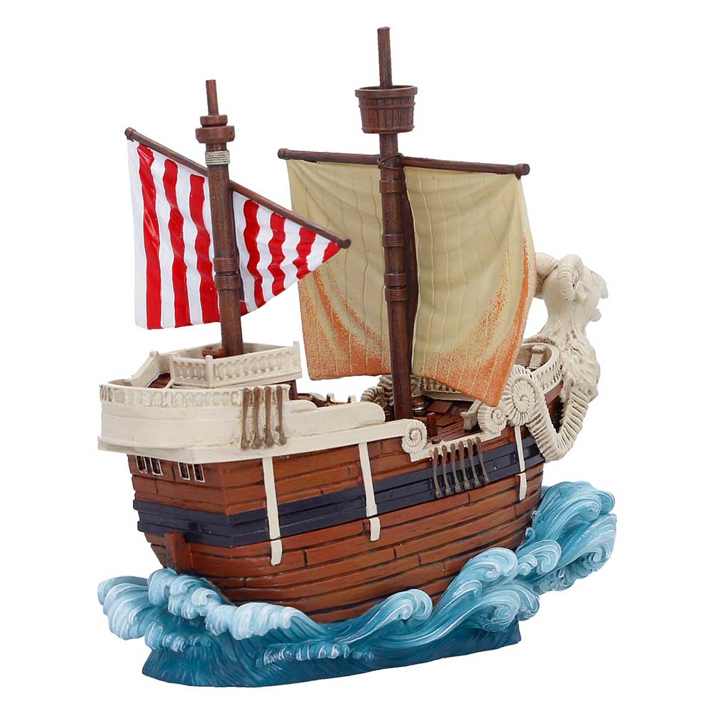Rear angle of Going Merry ship box with striped sail and sculpted water
