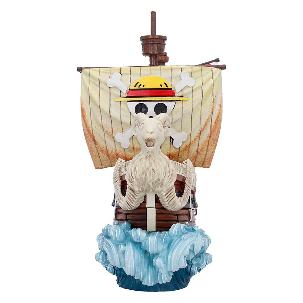 Front of Going Merry box showing ram figurehead beneath the main sail