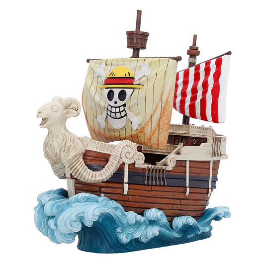 Going Merry box with ram figurehead, crew-emblem sail and blue wave base