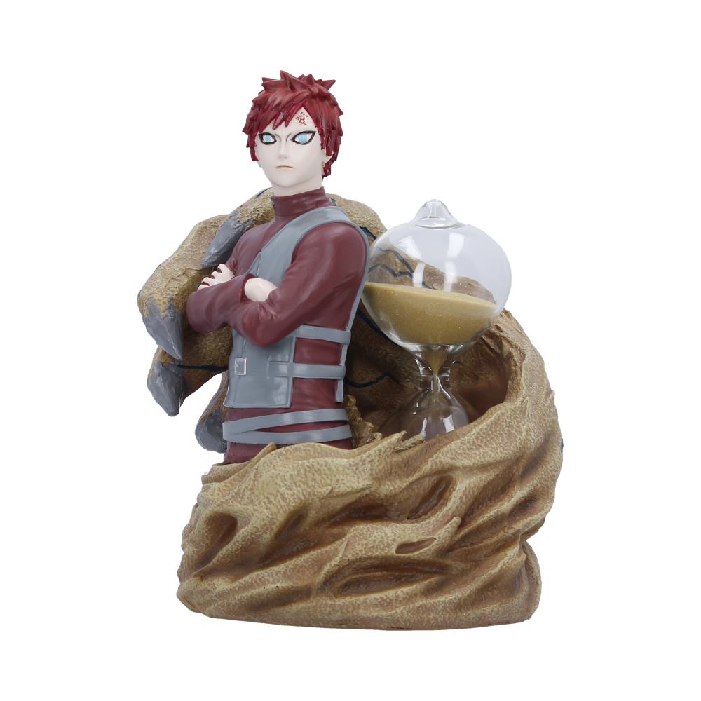 Gaara sand timer with folded-arm figure, removable hourglass and swirling sand base