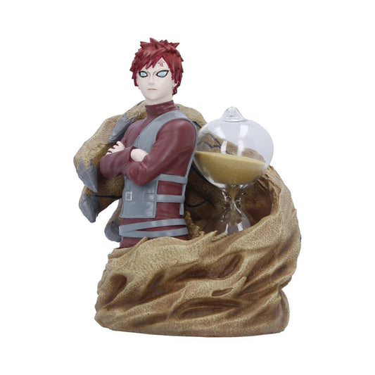 Gaara sand timer with folded-arm figure, removable hourglass and swirling sand base