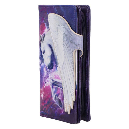 Mythical Flight Embossed Unicorn Purse - Angle showing embossed wing and purse fastening