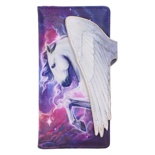Mythical Flight Embossed Unicorn Purse - Front showing white winged unicorn against purple night sky