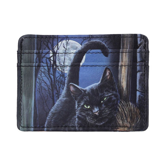 Lisa Parker A Brush With Magick Card Holder - Front showing black cat with curved tail in the moonlit woodland