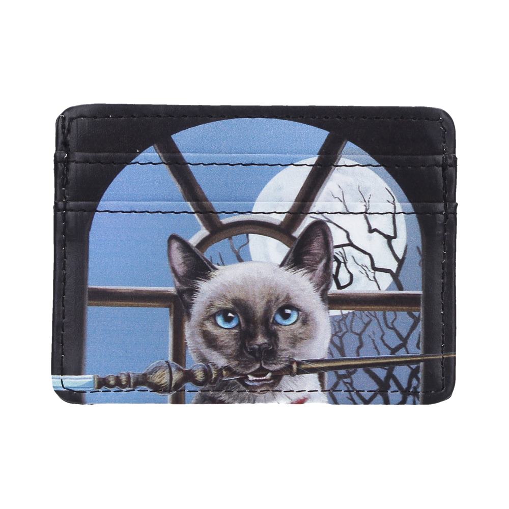 Lisa Parker Hocus Pocus Card Holder - Front showing pale cat holding a wand in the moonlit window