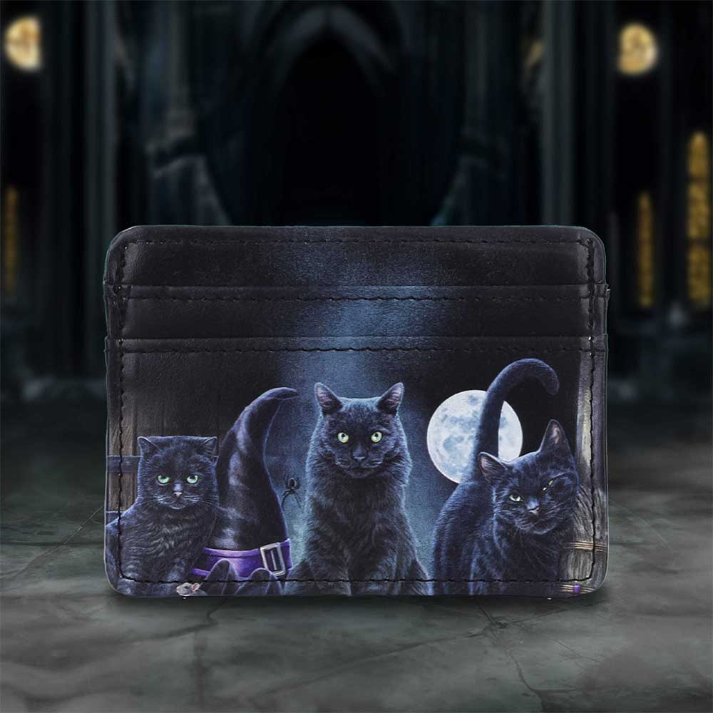 Lisa Parker Familiars Card Holder - Three black cats and witch hat card holder in a styled setting