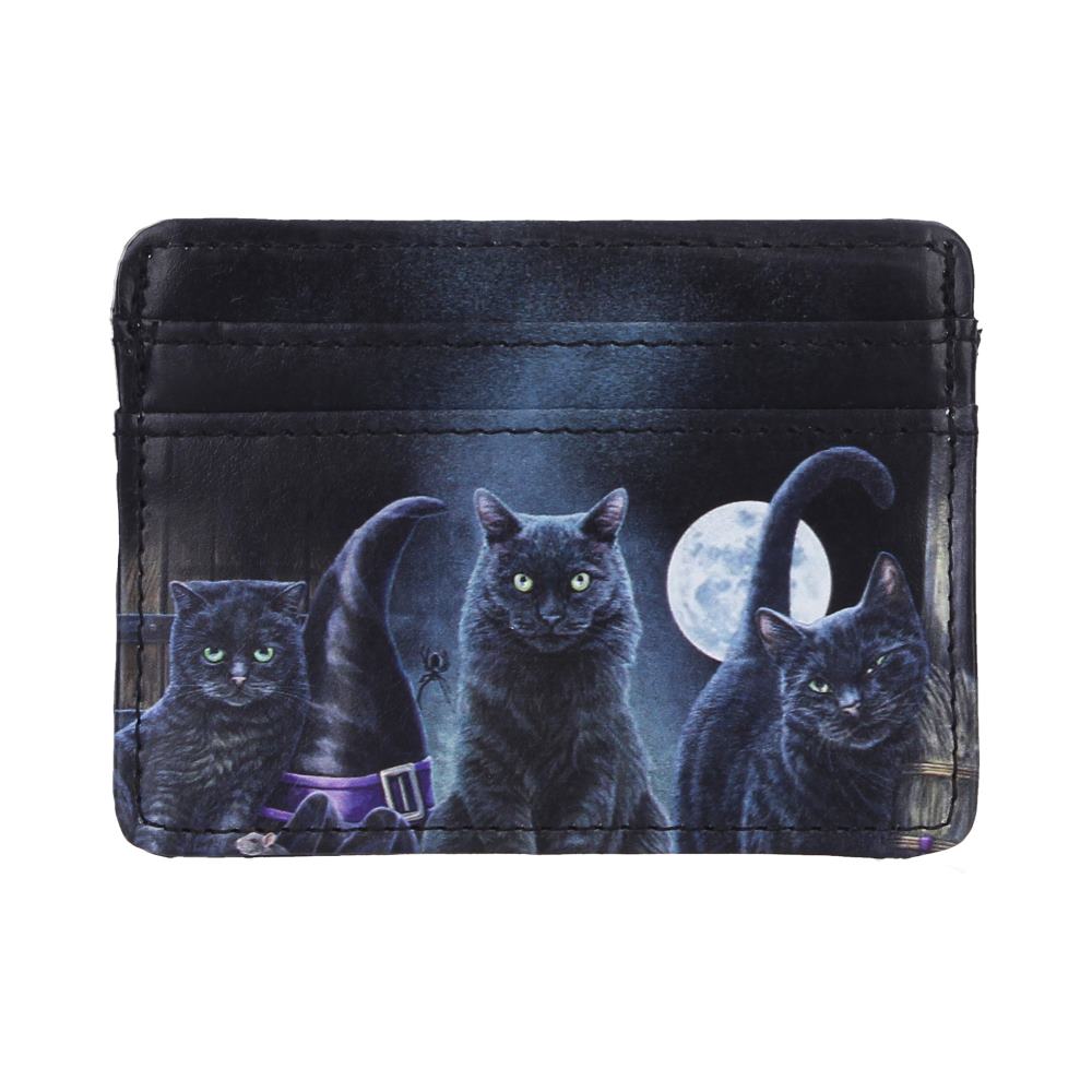 Lisa Parker Familiars Card Holder - Front showing three black cats and witch hat in the blue moonlit scene