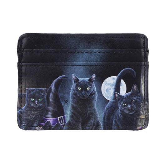 Lisa Parker Familiars Card Holder - Front showing three black cats and witch hat in the blue moonlit scene
