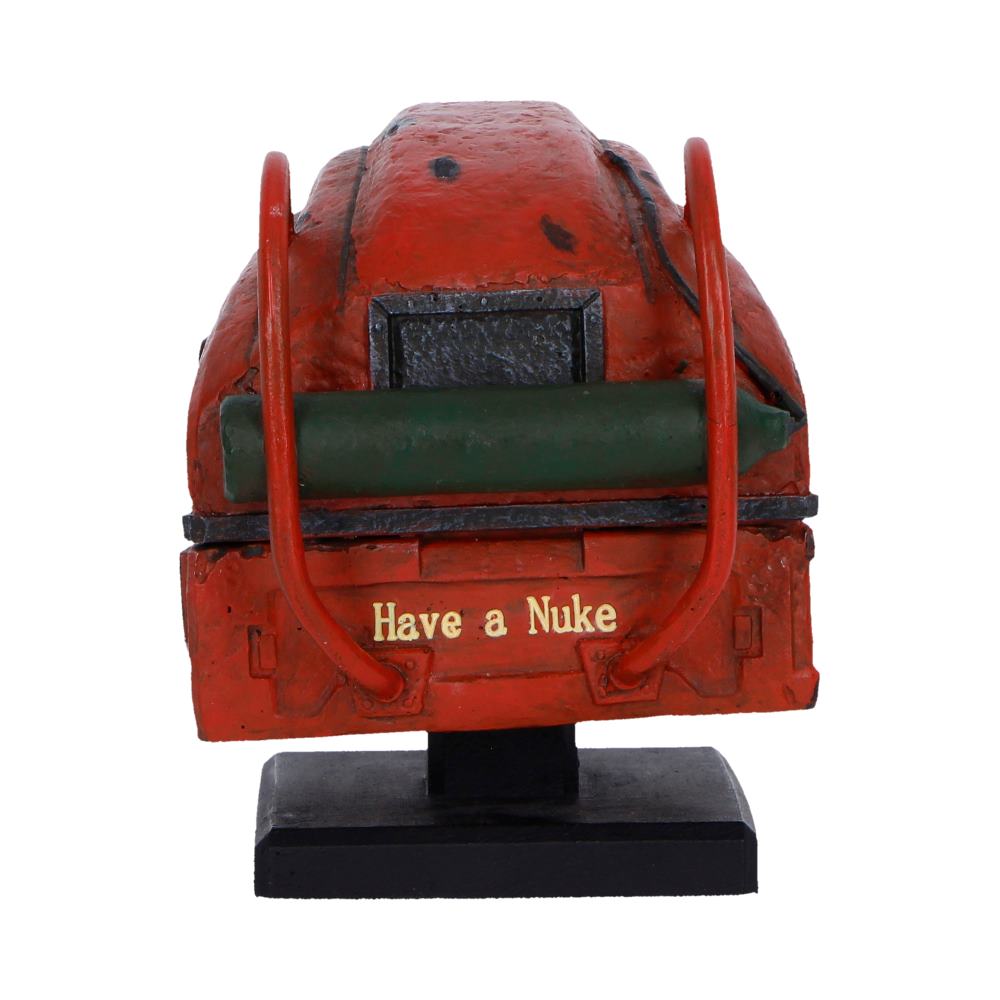 Fallout Nukatron Helmet Miniature - rear with a dark inset panel and small lettering above the black stand