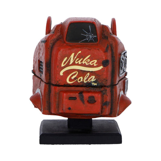 Fallout Nukatron Helmet Miniature - front of the red miniature robot helmet with Nuka-Cola lettering and black stand