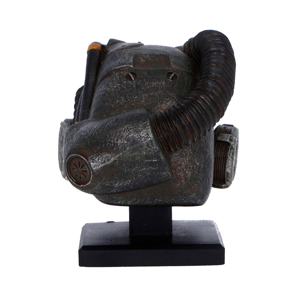 Fallout X-01 Helmet Miniature - rear showing a thick curved hose across the weathered shell