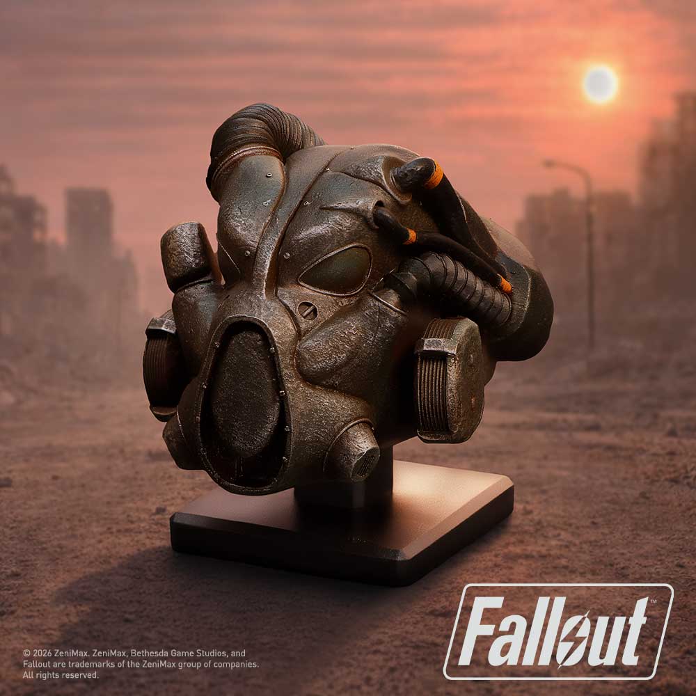 Fallout X-01 Helmet Miniature - displayed against a Wasteland-style backdrop with its faceplate angled forward