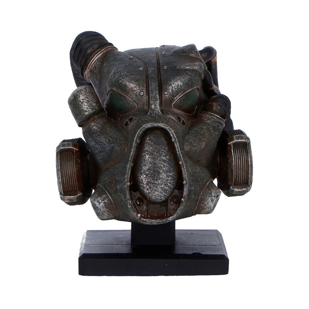 Fallout X-01 Helmet Miniature - front of the dark X-01 miniature helmet with eye openings and a black stand