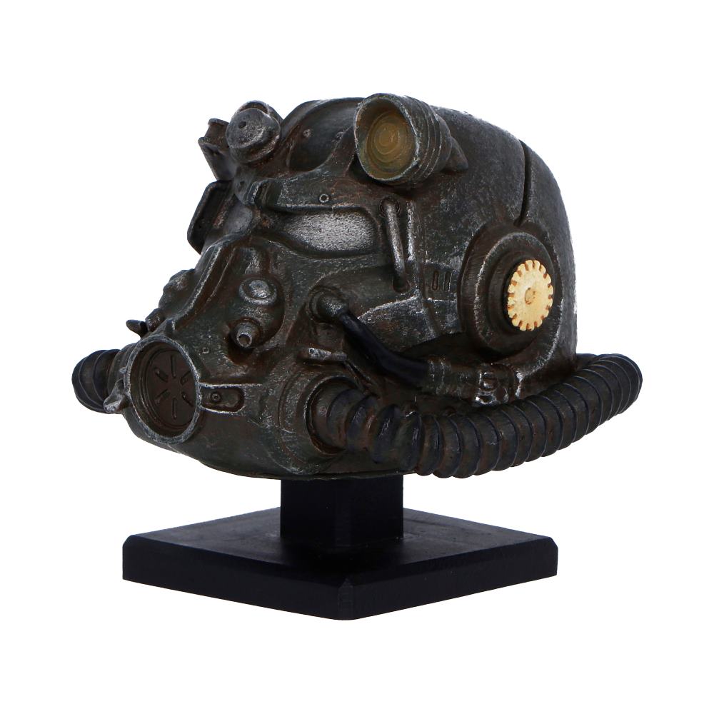 Fallout T-60 Helmet Miniature - angled view of the weathered helmet and warm-toned circular side detail