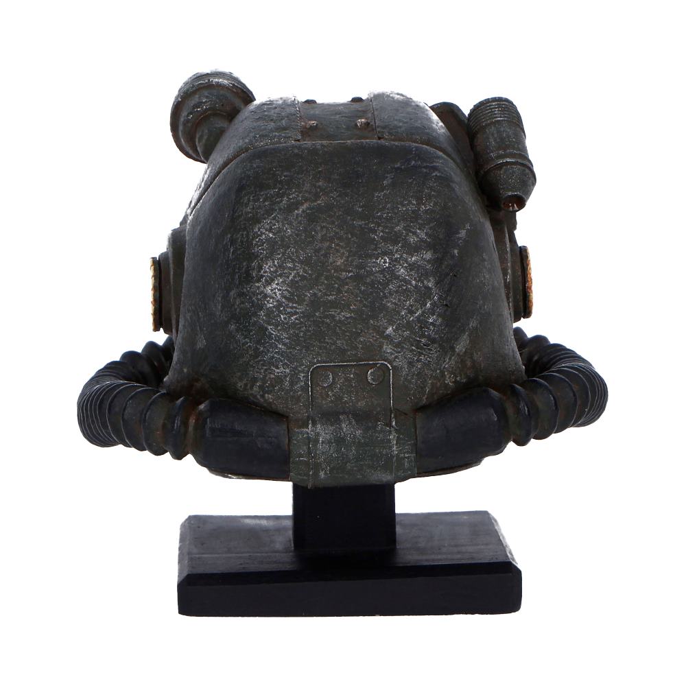 Fallout T-60 Helmet Miniature - rear showing the worn shell and tubing above a black stand