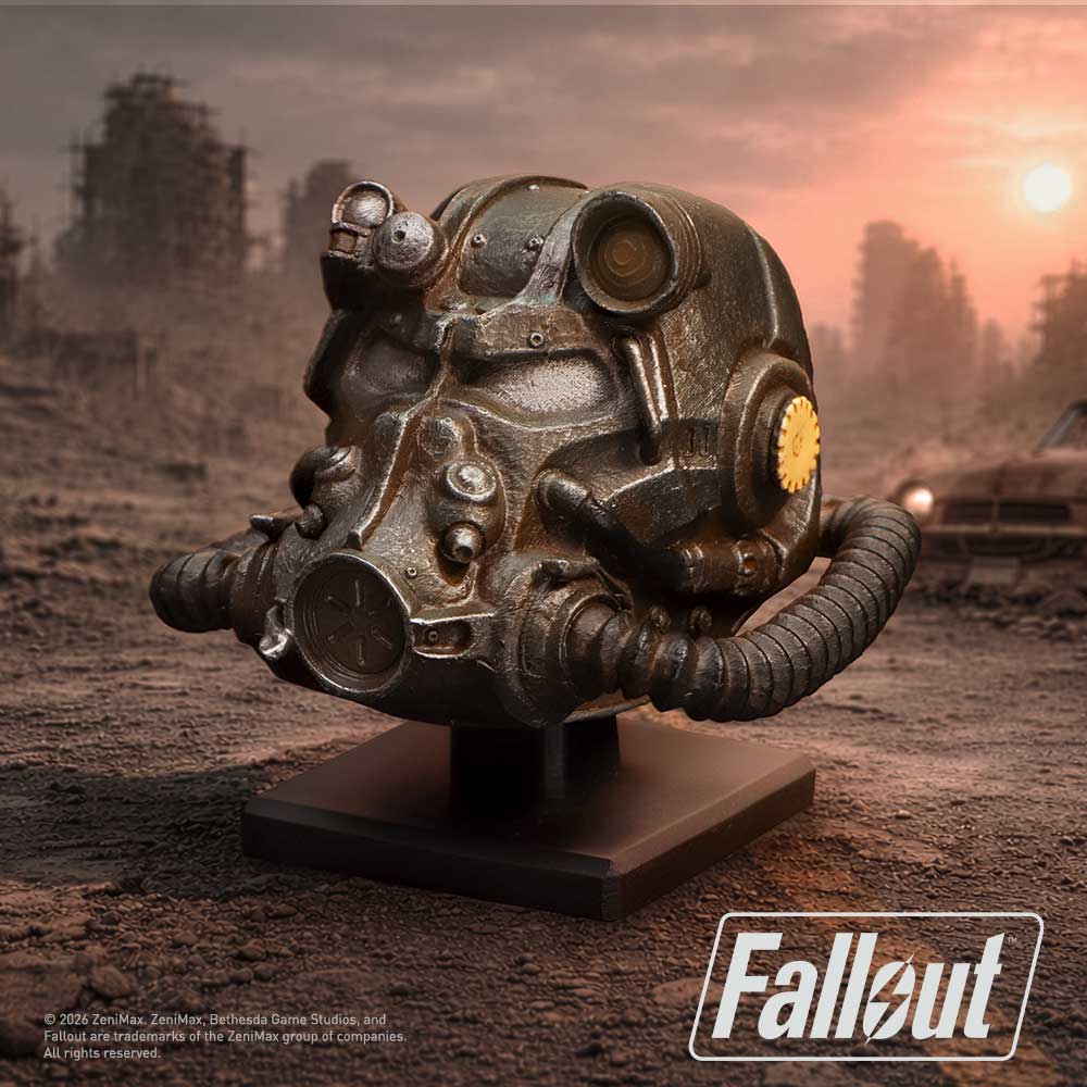 Fallout T-60 Helmet Miniature - displayed against a Wasteland-style backdrop on its black stand