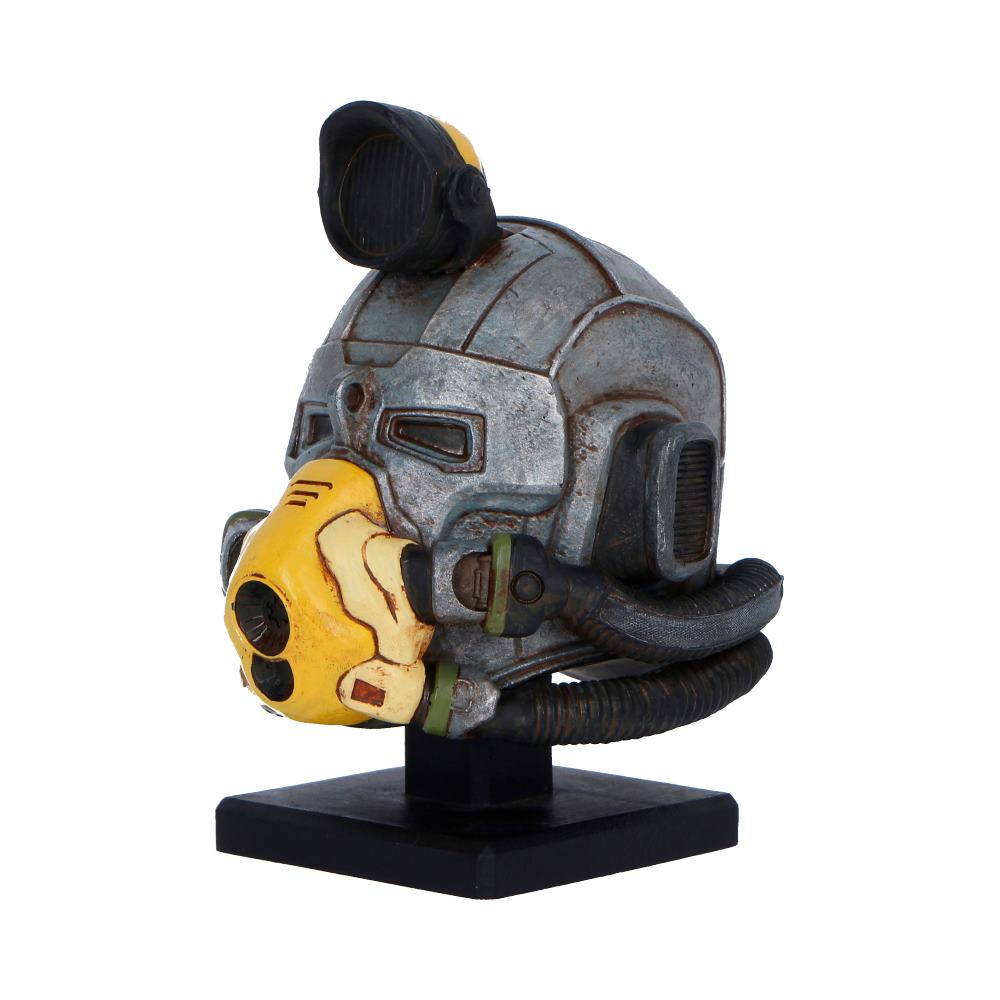 Fallout Excavator Helmet Miniature - angled view showing yellow panels, dark tubes and the black stand