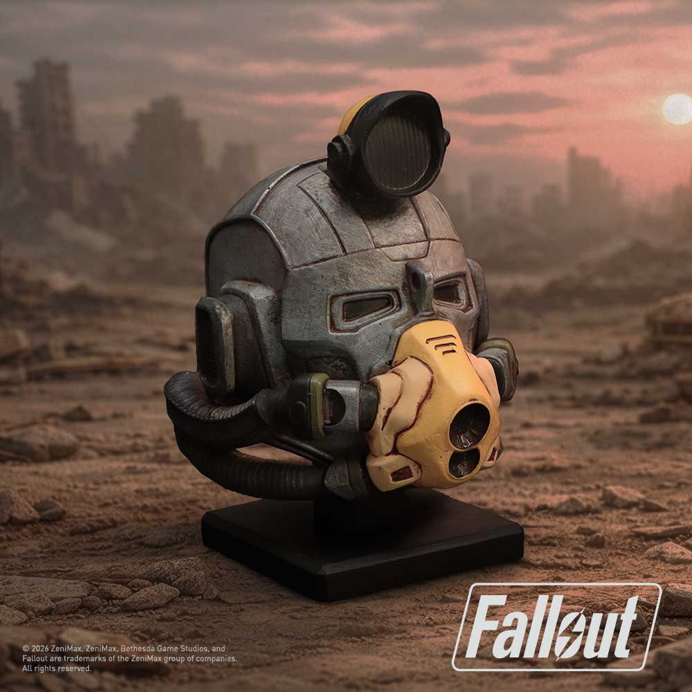 Fallout Excavator Helmet Miniature - displayed against a Wasteland-style backdrop on its black stand