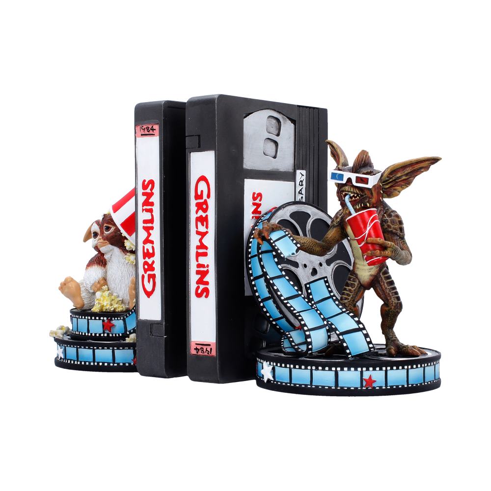 Angled Gremlins bookends showing Gizmo and a Gremlin in 3D glasses with a drink