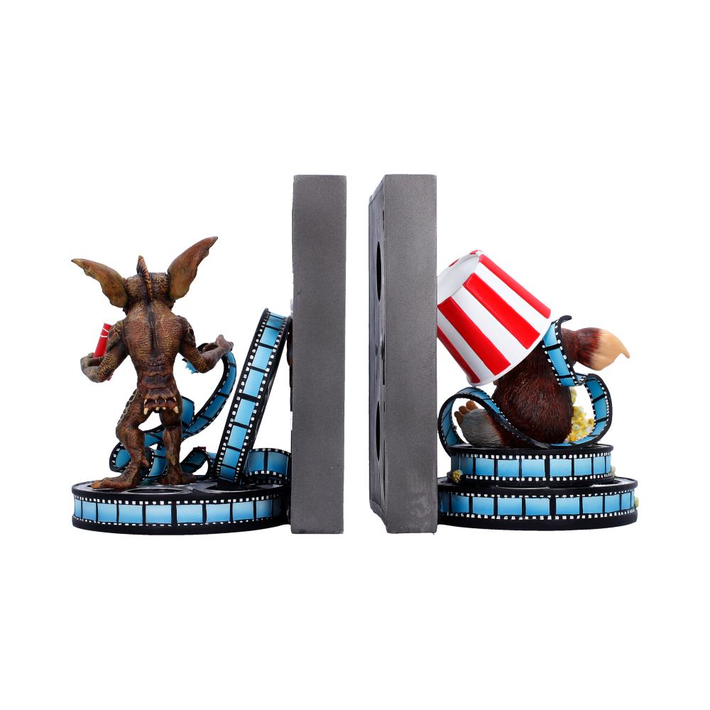 Rear of Gremlins bookends showing figures, VHS sides and curled film reels