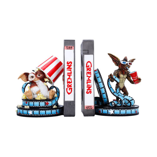 Gremlins bookend pair with Gizmo, a Gremlin, VHS tapes, popcorn and blue film reels