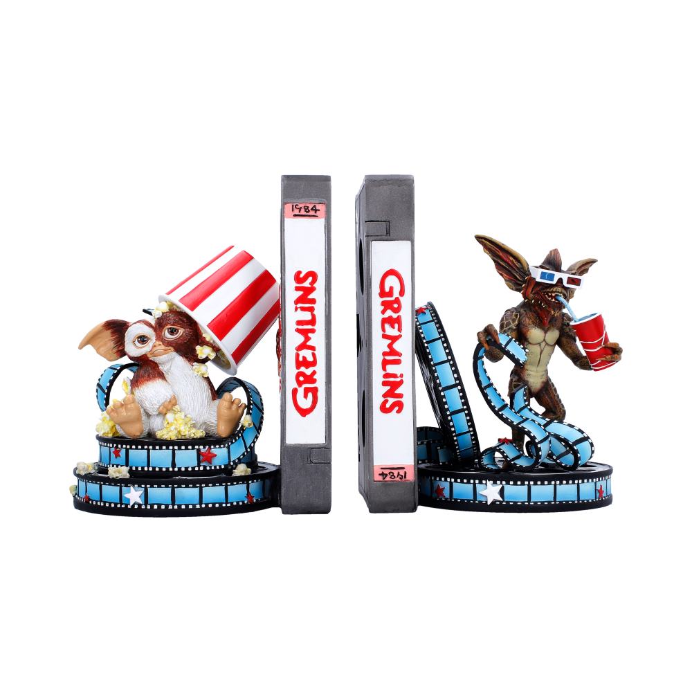 Gremlins bookend pair with Gizmo, a Gremlin, VHS tapes, popcorn and blue film reels