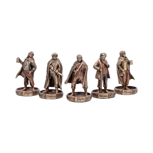 Five bronze-coloured Hobbit figures on individual named ring-style bases