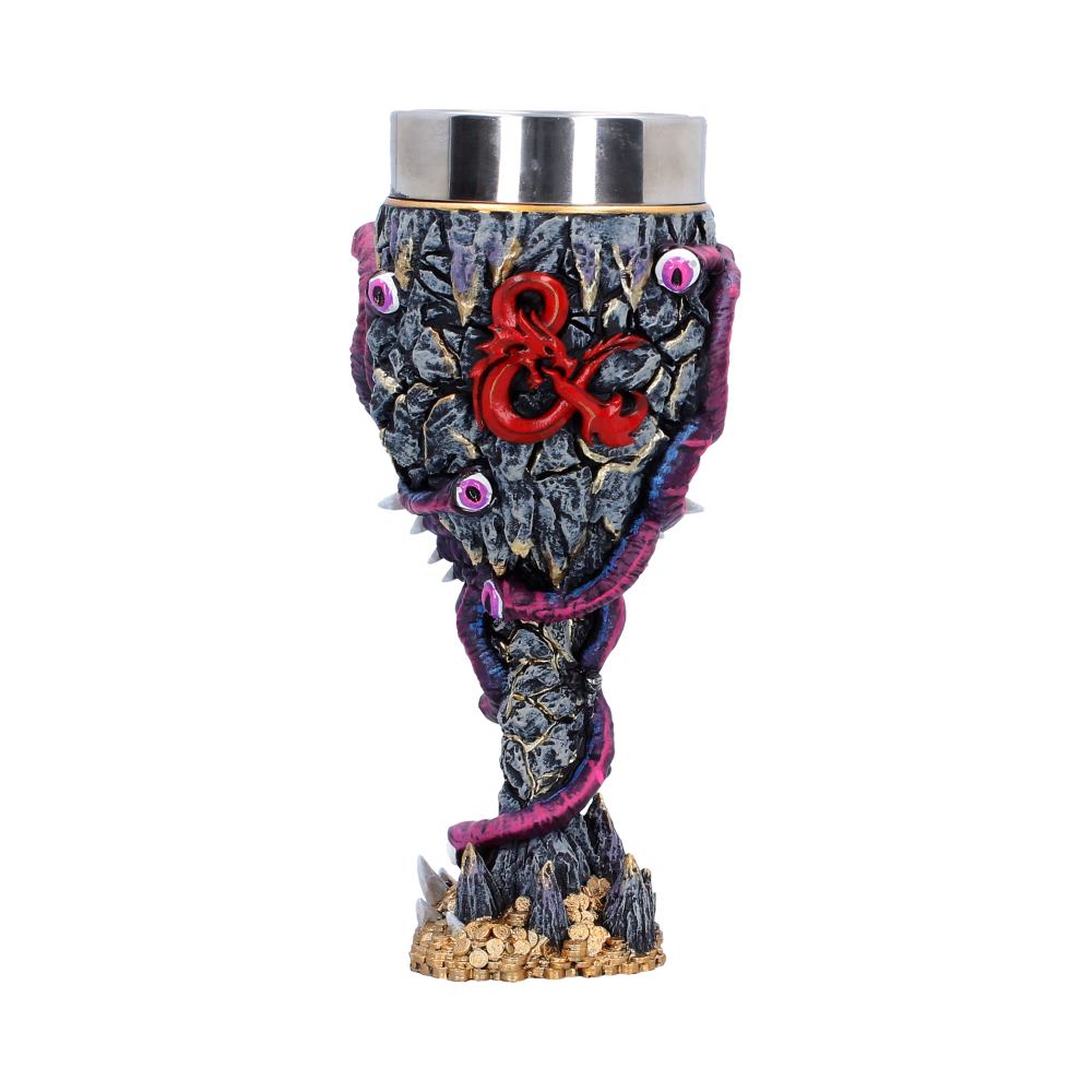 Dungeons & Dragons Beholder Goblet - reverse with a red D&D emblem among eyestalks and rocky sculpting