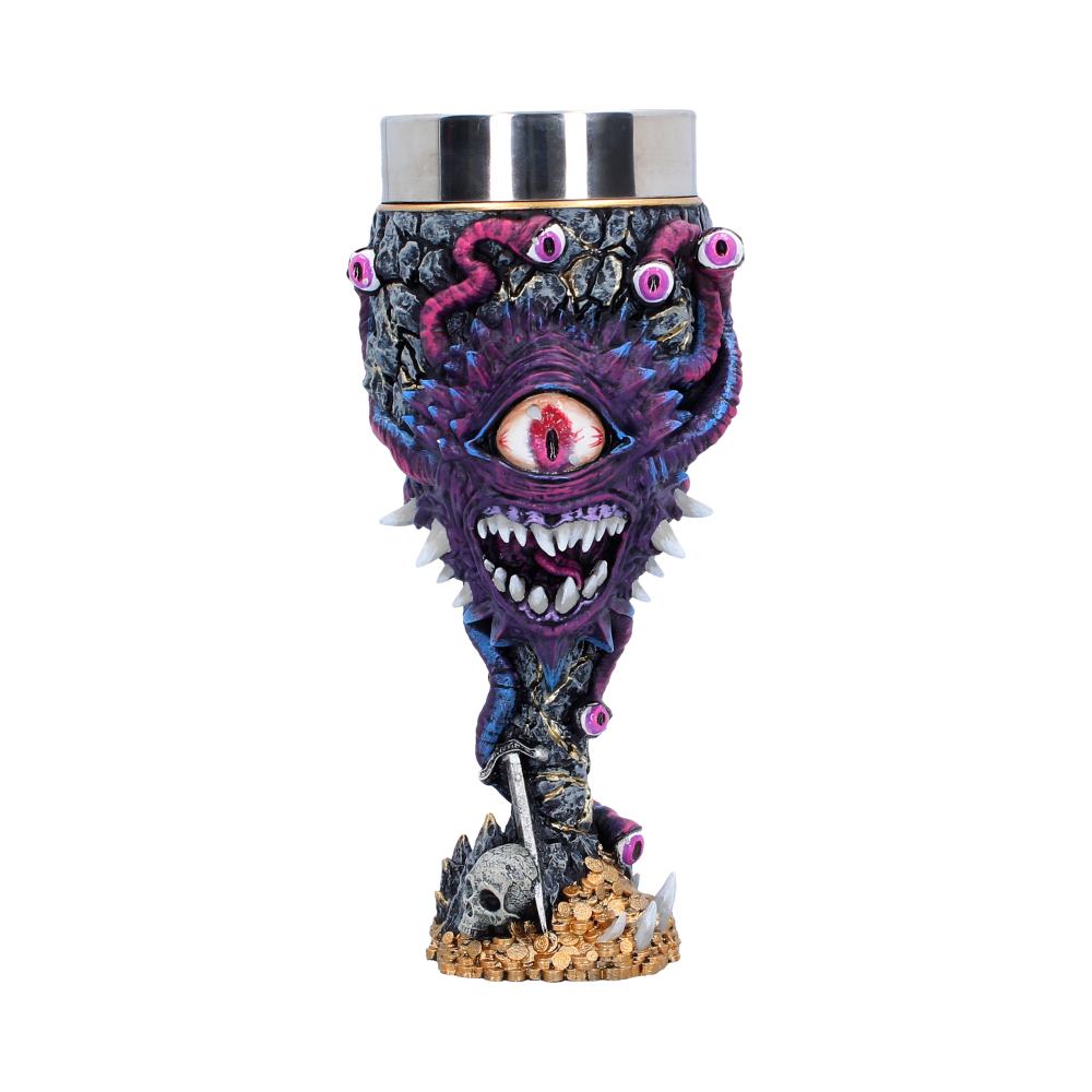 Dungeons & Dragons Beholder Goblet - front with a purple central eye, teeth and skull-and-treasure base