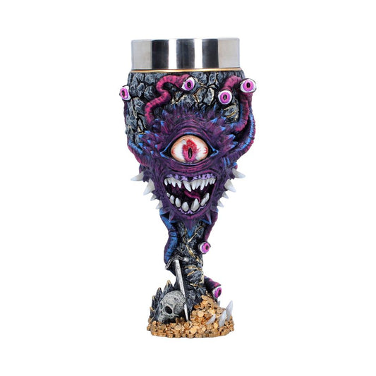 Dungeons & Dragons Beholder Goblet - front with a purple central eye, teeth and skull-and-treasure base