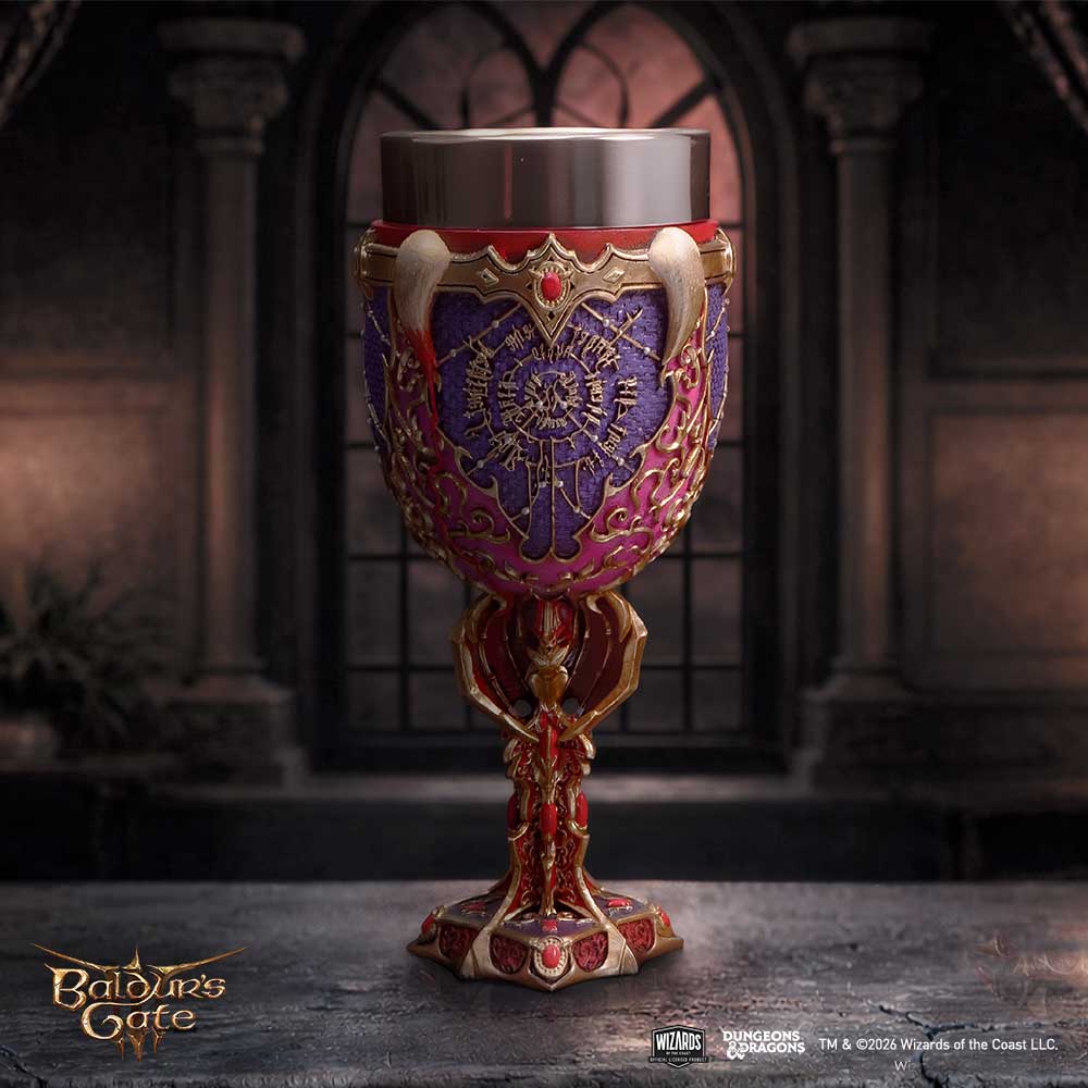 Baldur’s Gate 3 Astarion Goblet - displayed against dark arches with its ornate purple bowl facing forward